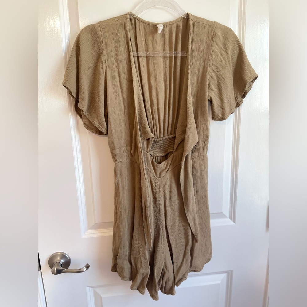 Khaki Tie Front Romper Boho Flutter Sleeve Festival Mini S - Picture 2 of 9